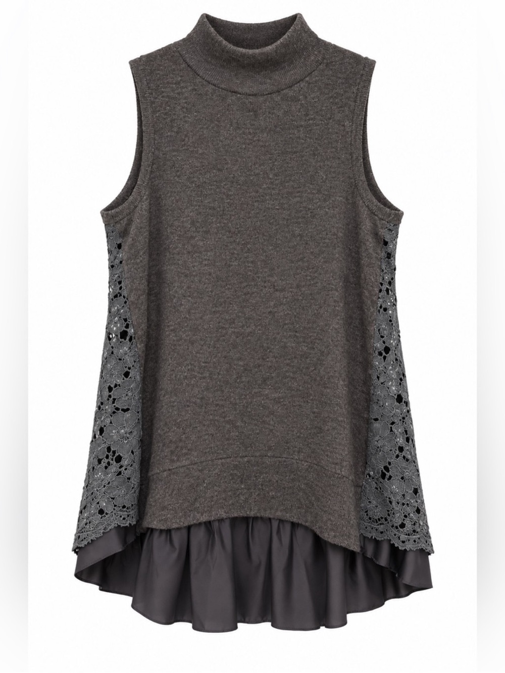 MOTF Charcoal Gray Sleeveless Mock Neck Tunic with Lace Insets